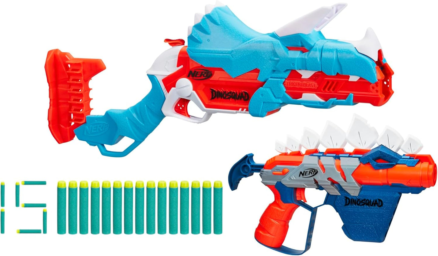 NERF DinoSquad Dino-Clash Pack – Tricera-Blast and Stego-Smash Blasters with 15 Elite Darts