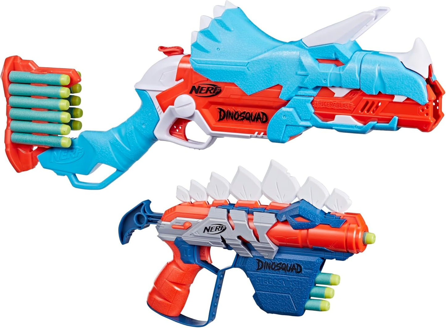 NERF DinoSquad Dino-Clash Pack – Tricera-Blast and Stego-Smash Blasters with 15 Elite Darts