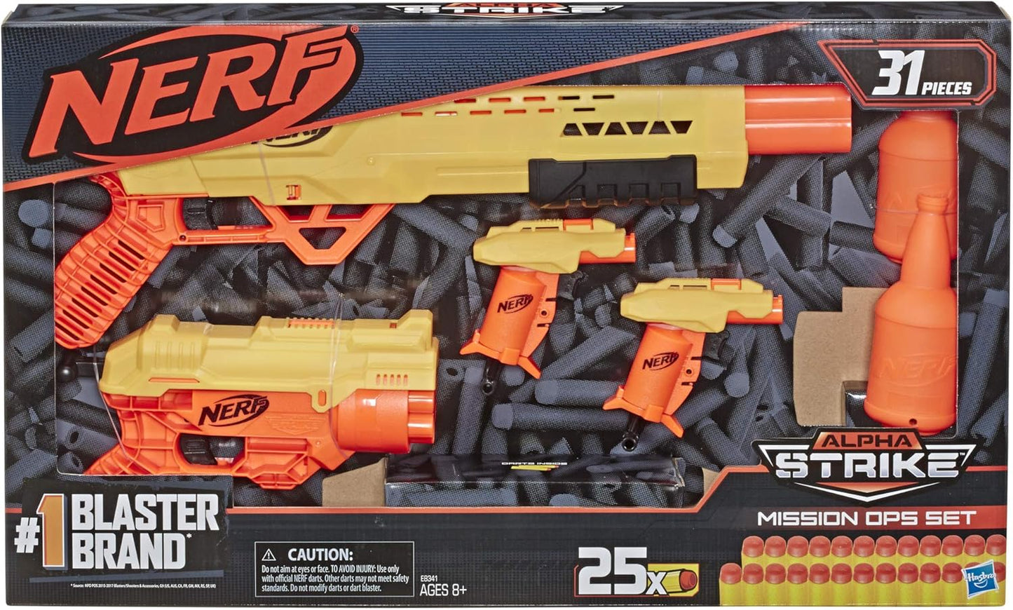 Nerf Alpha Strike Mission Ops 31-Piece Blaster Set – Includes 4 Blasters, 25 Darts, and Target Accessories
