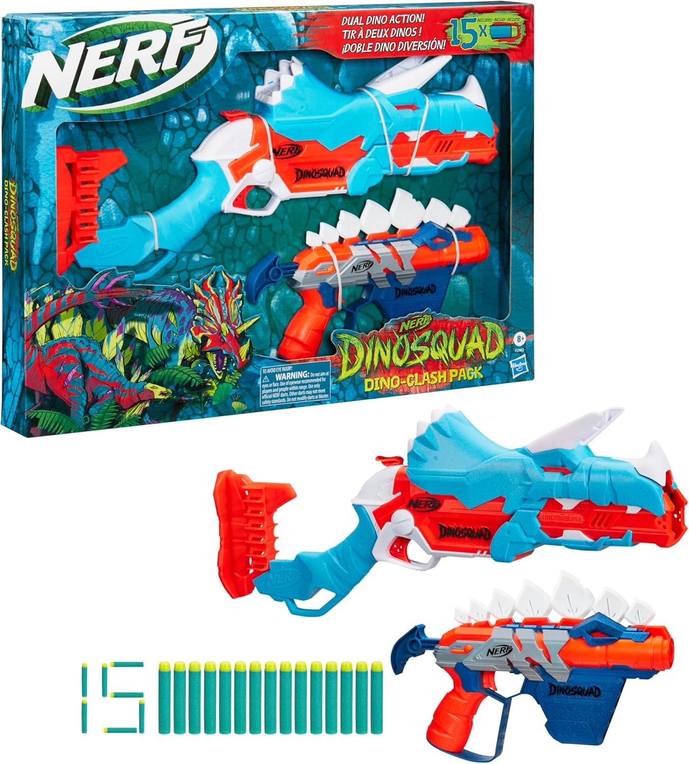NERF DinoSquad Dino-Clash Pack – Tricera-Blast and Stego-Smash Blasters with 15 Elite Darts