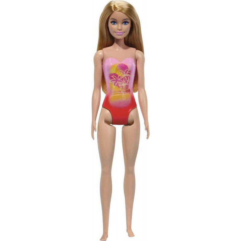 Beach Barbie Doll With Blond Hair Wearing Pink Palm Tree-Print Swimsuit