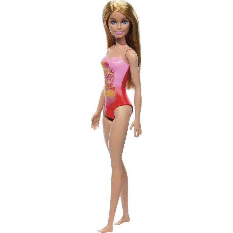 Beach Barbie Doll With Blond Hair Wearing Pink Palm Tree-Print Swimsuit