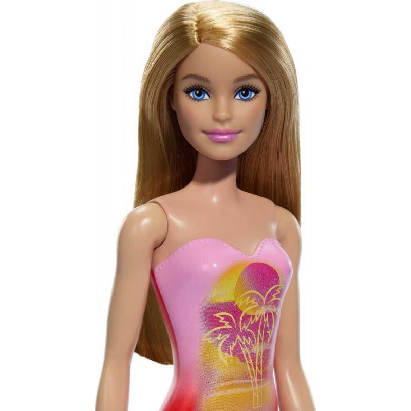 Beach Barbie Doll With Blond Hair Wearing Pink Palm Tree-Print Swimsuit