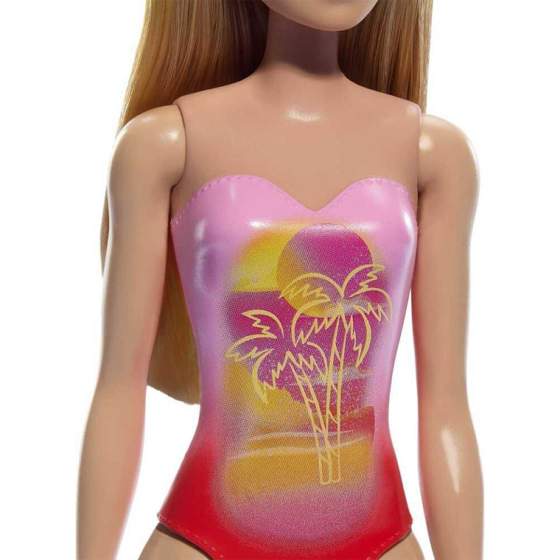 Beach Barbie Doll With Blond Hair Wearing Pink Palm Tree-Print Swimsuit