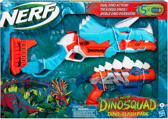 NERF DinoSquad Dino-Clash Pack – Tricera-Blast and Stego-Smash Blasters with 15 Elite Darts