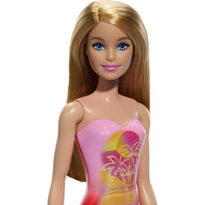 Beach Barbie Doll With Blond Hair Wearing Pink Palm Tree-Print Swimsuit