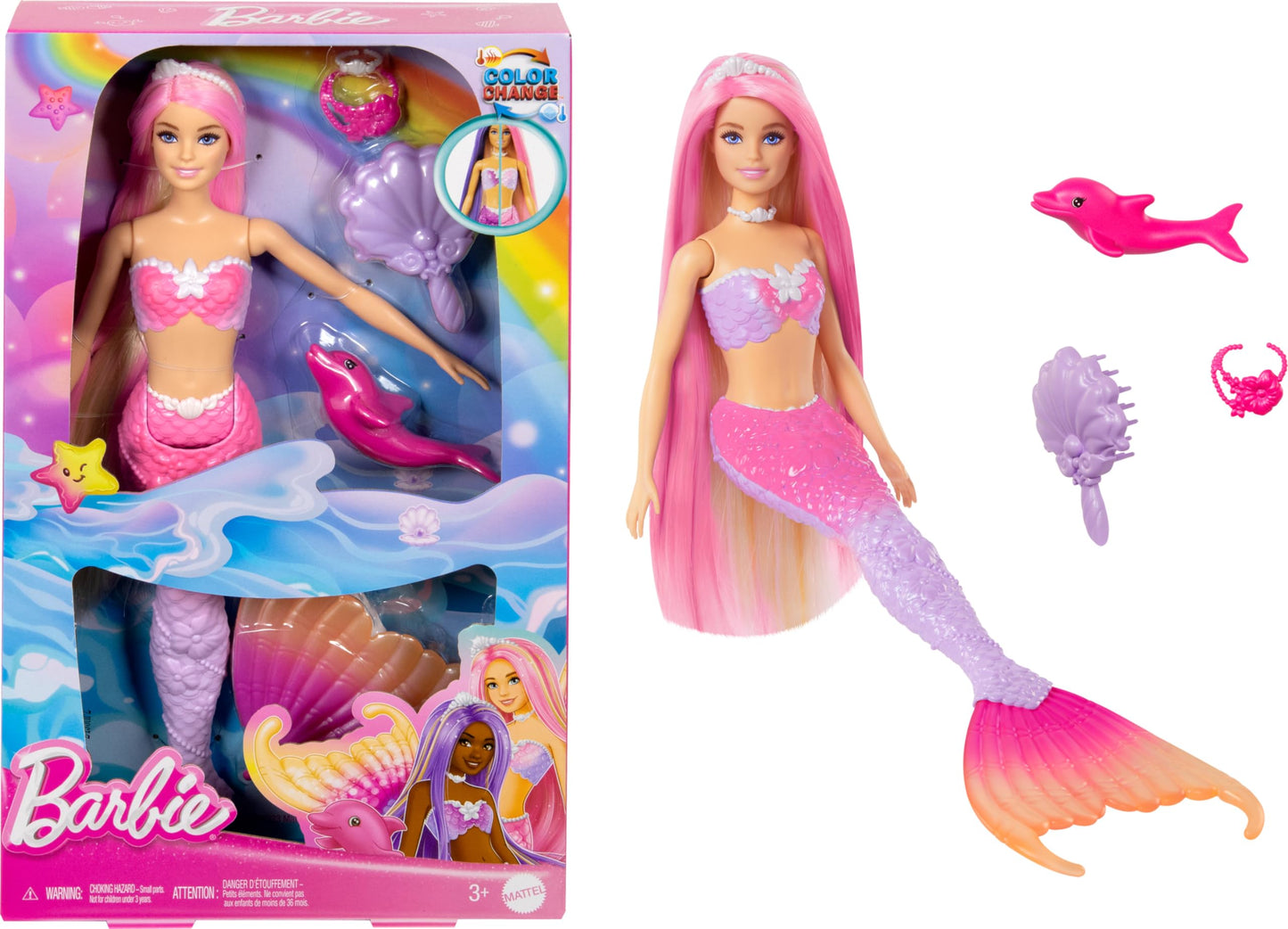 Barbie “Malibu” Mermaid Doll With Color Change Feature, Pet Dolphin And Accessories