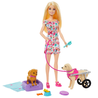 Barbie Doll With A Toy Pup And Dog in A Wheelchair