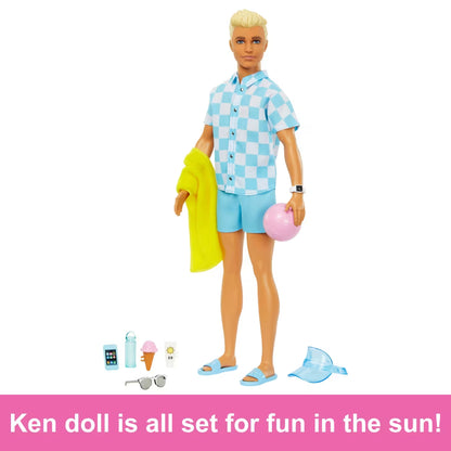 Blonde Ken Doll With Swim Trunks And Beach-Themed Accessories