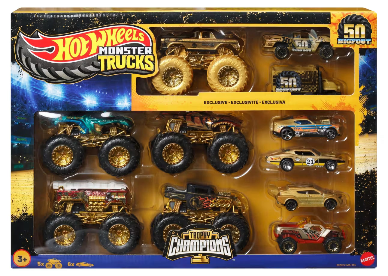 Hot Wheels Monster Trucks Trophy Champions Collection, 5 1:64 Scale Toy Trucks & 6 Die-Cast Cars